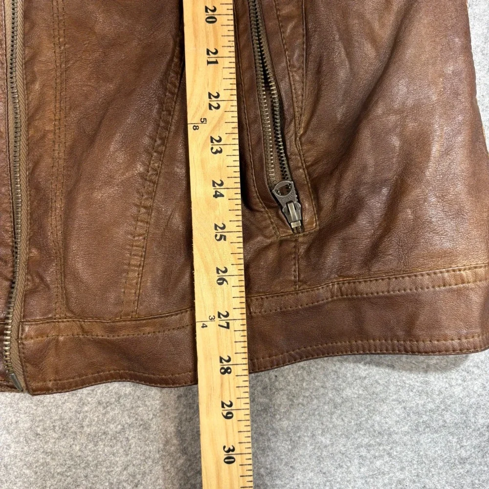 Guess Mens Faux Leather Racer Jacket Distressed Brown XL Moto Quilted Lining